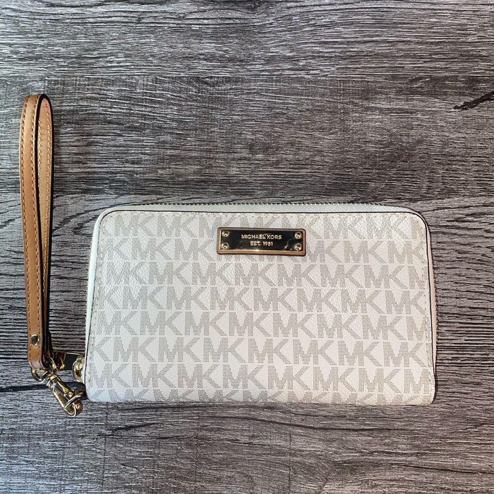 Michael Kors Cream Clutch with Monogram Pattern and Gold Hardware